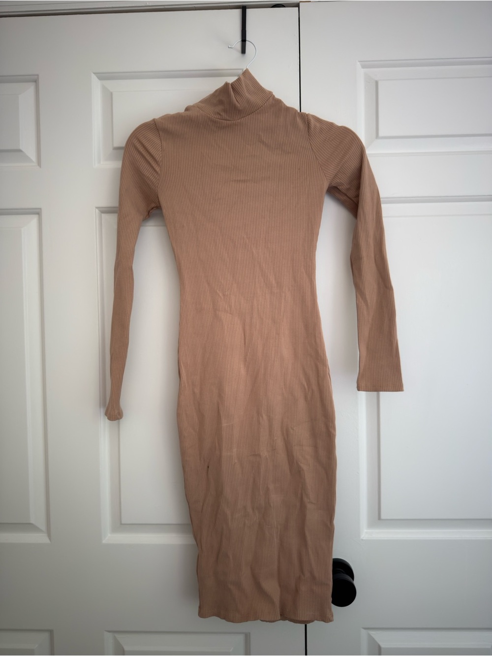 Fashion Nova Ribbed Turtleneck Long Sleeve Bodycon Dress in Beige Taupe